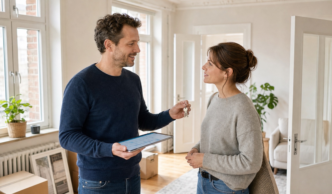 Privater Vermieter übergibt einer Mieterin Wohnungsschlüssel und nutzt eine digitale Immobilienverwaltung