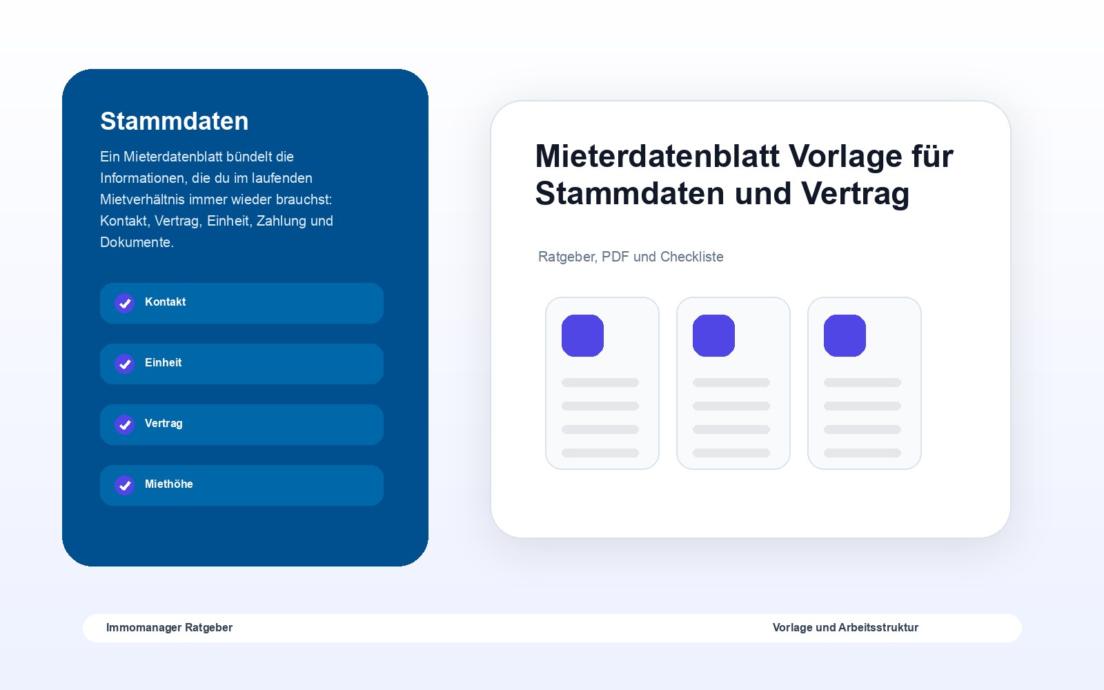 Mieterdatenblatt Vorlage für Stammdaten und Vertrag als visuelle Ratgebergrafik