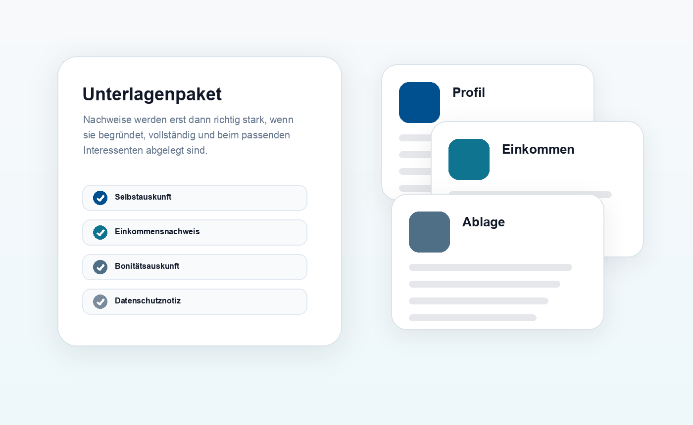 Illustration eines Unterlagenpakets mit Selbstauskunft, Einkommensnachweis, Bonitätsauskunft und Datenschutznotiz