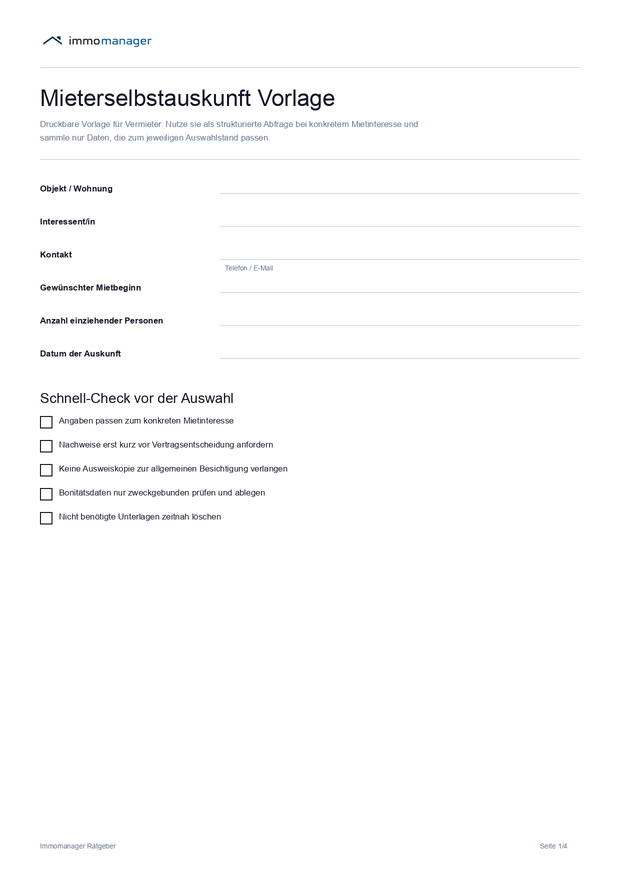 Vorschau der Mieterselbstauskunft PDF-Vorlage