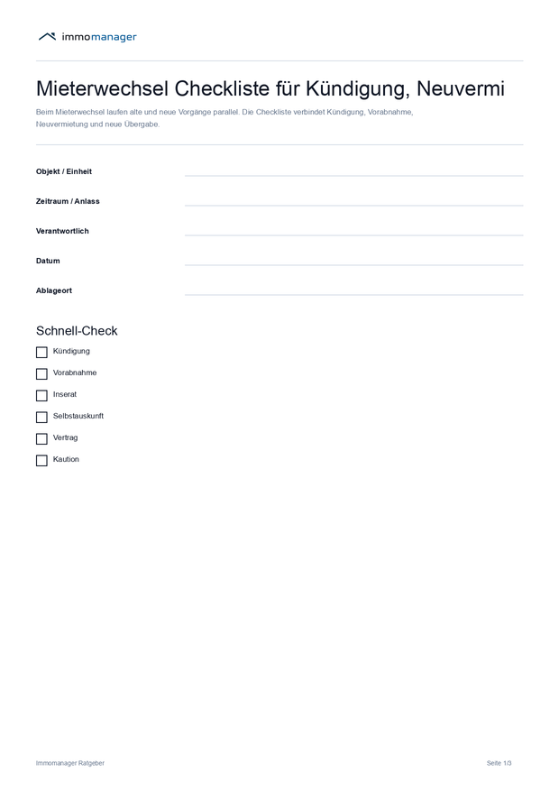 PDF-Vorschau zu Mieterwechsel Checkliste für Kündigung, Neuvermietung und Übergabe