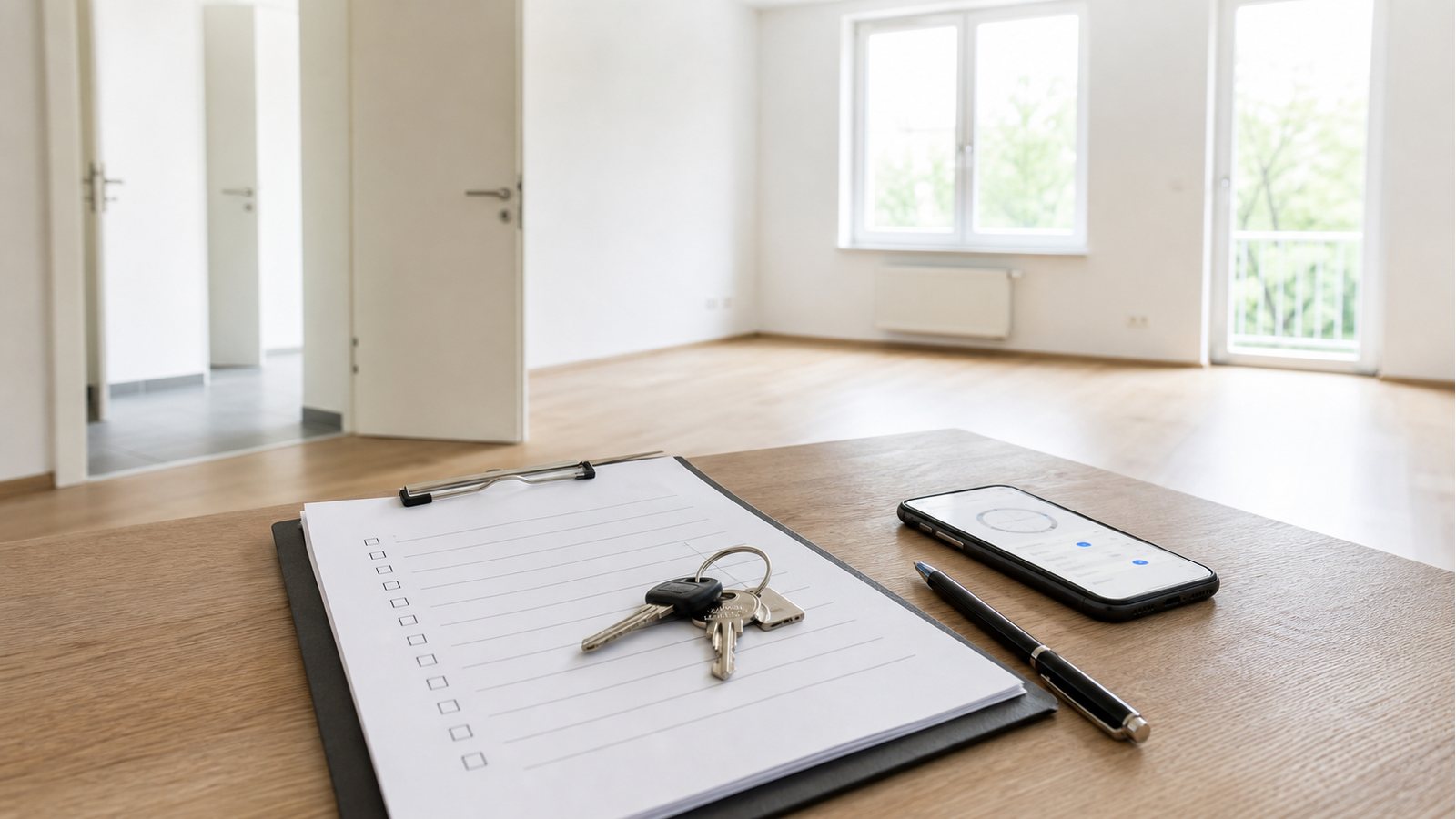 Leere Wohnung mit Checkliste, Schlüssel und Stift für ein Wohnungsübergabeprotokoll