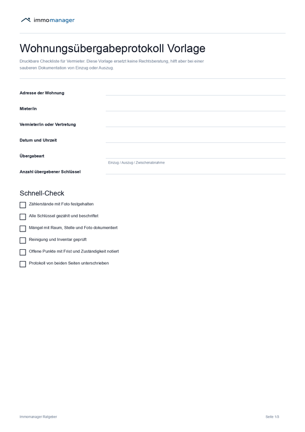 Vorschau der Wohnungsübergabeprotokoll PDF-Vorlage